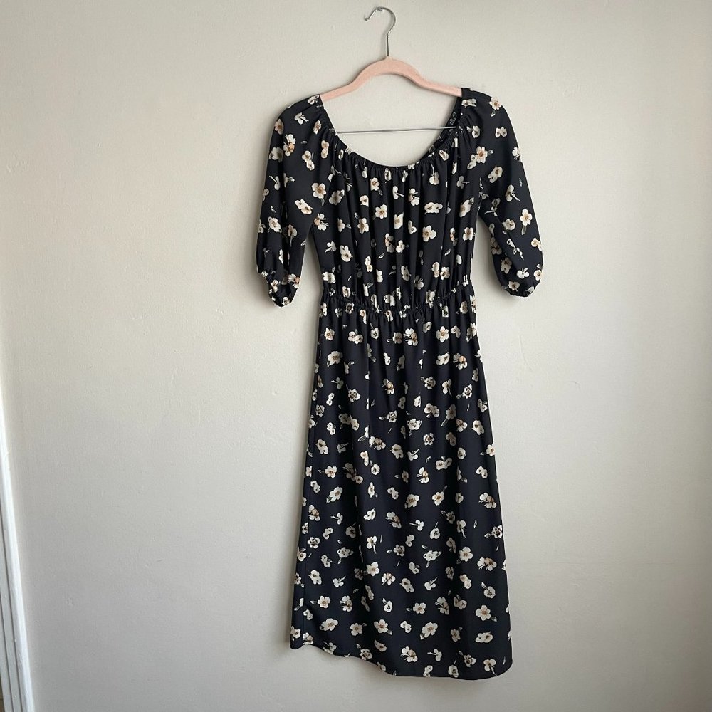 Soprano / Black & Cream Floral Off The Shoulder Midi Dress
